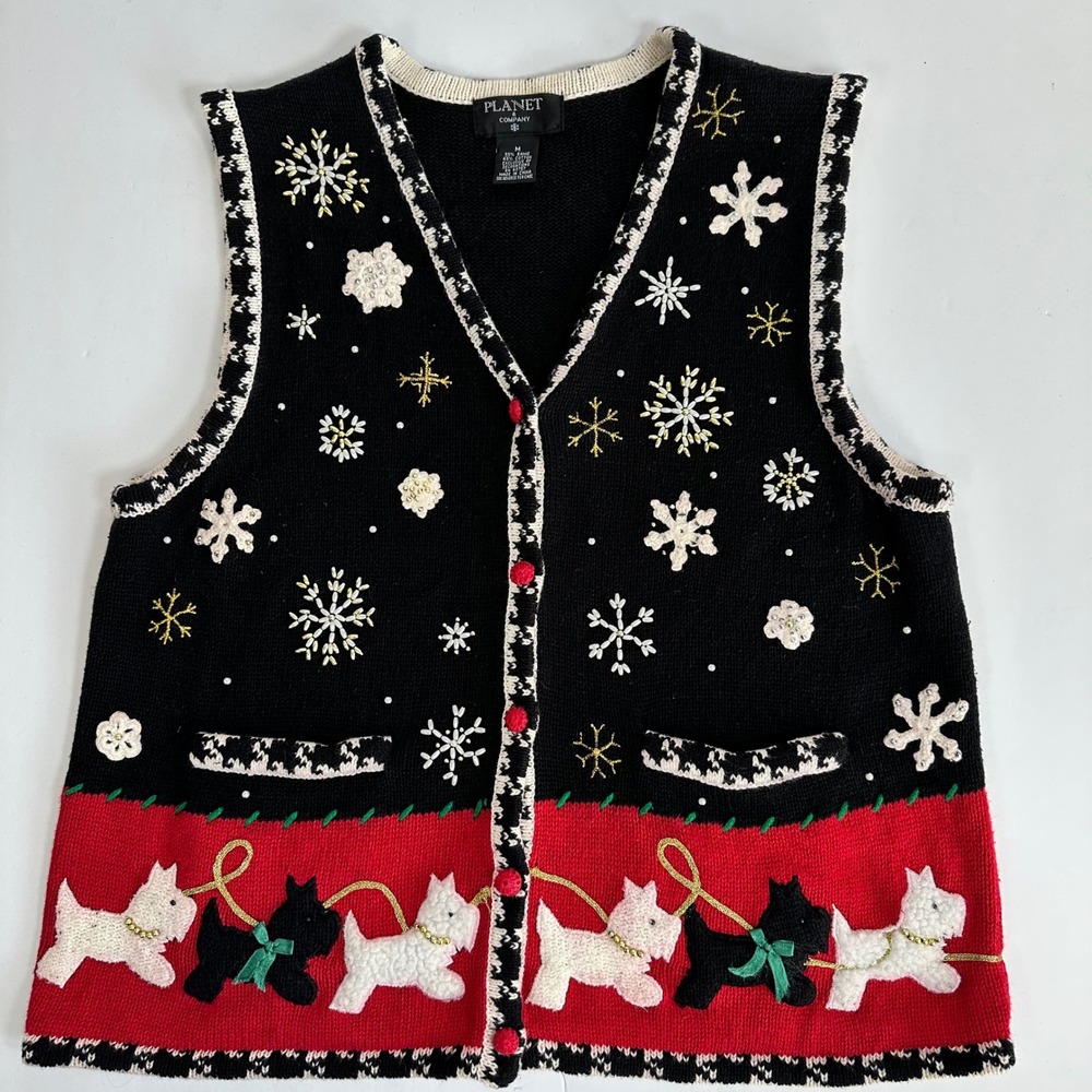 Christmas Holiday Medium Black Red‎ Sweater Vest Dogs Beaded Embroidered Festive